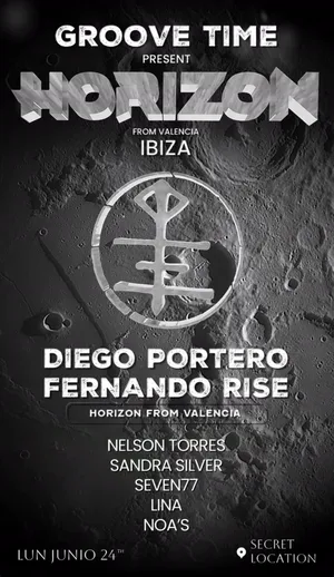 Groove Time presenta Horizon, de Valencia a Ibiza en Ibiza. 24 de junio de 2024. Line up: Diego Portero, Fernando Rise, Nelson Torres, Sandra Silver, SEVEN77, Lina y Noa’s